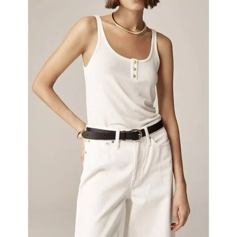 J. Crew Woman's Henley Tank Top Ivory Buttons Stretch Linen Size S NWT